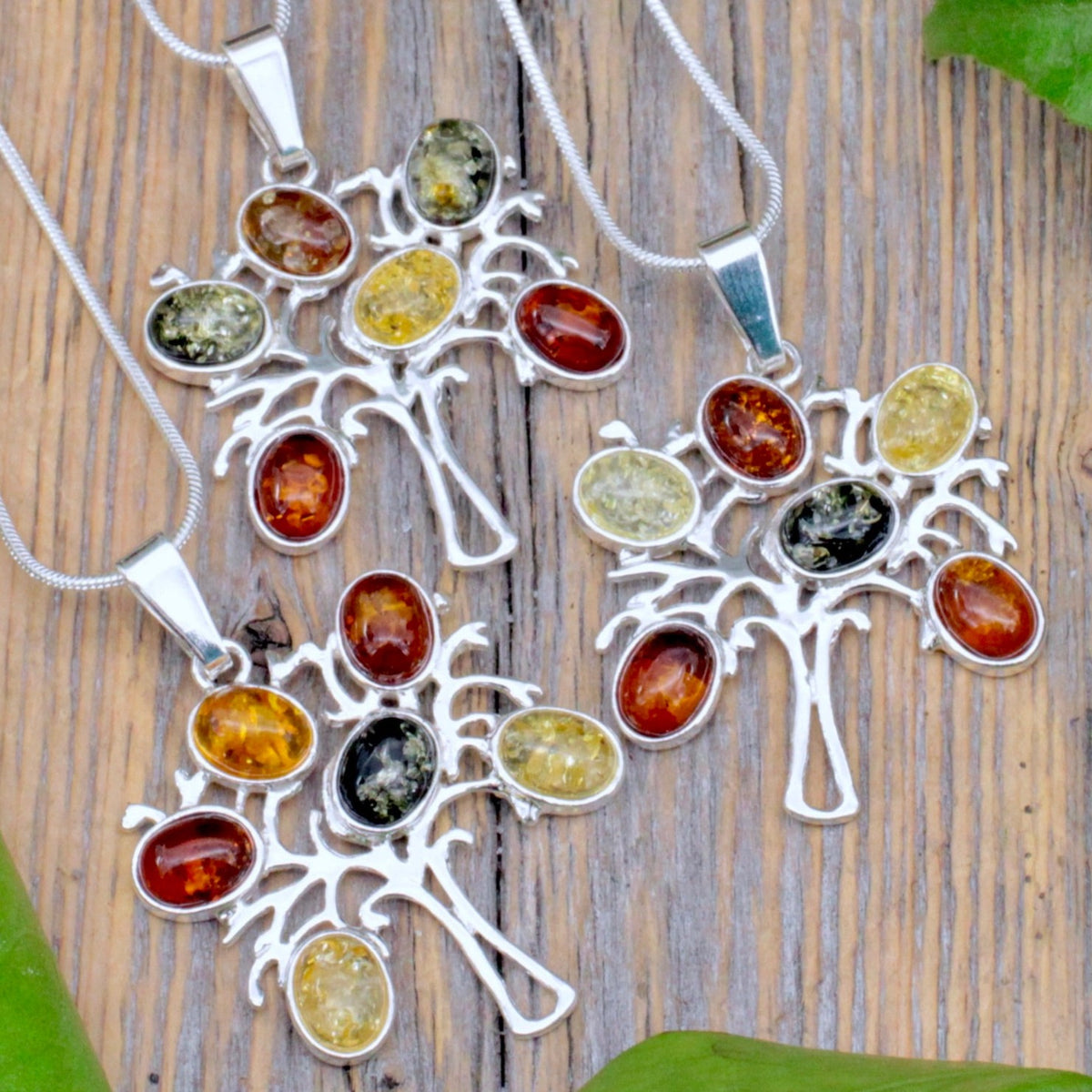 Mixed Amber Tree Pendant - Sterling Silver