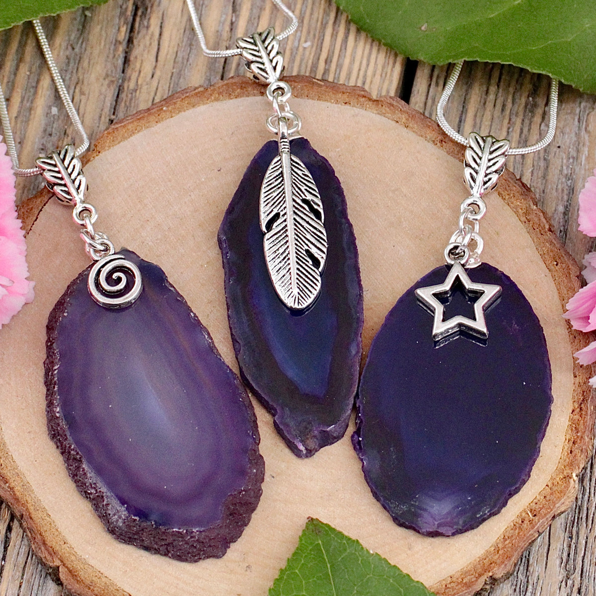 Purple Agate Slice with Charm Pendant