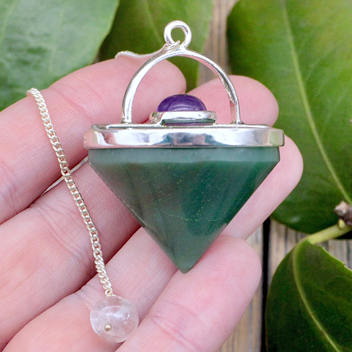 Green Aventurine Cone Pendulum with Amethyst Cabochon