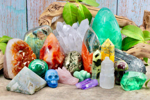 Very bright assortment of gemstones and statues