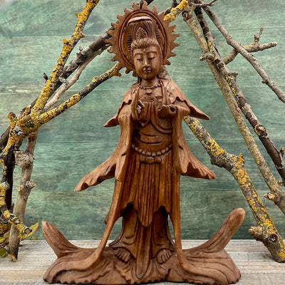 Kuan Yin Monkey Pod Wood Statue