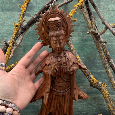 Kuan Yin Monkey Pod Wood Statue hand