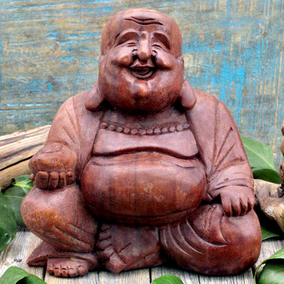 Wood Laughing Buddha Statue