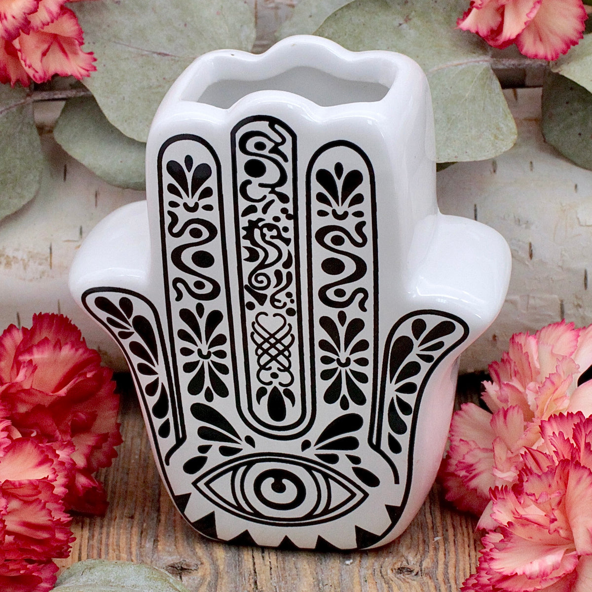 Black and White Hamsa Hand Bud Vase