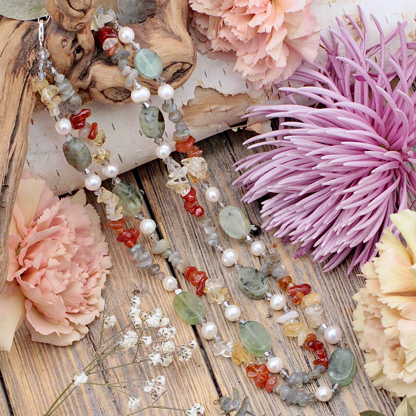 Prehnite, Pearl, Carnelian, Citrine and Labradorite Necklace