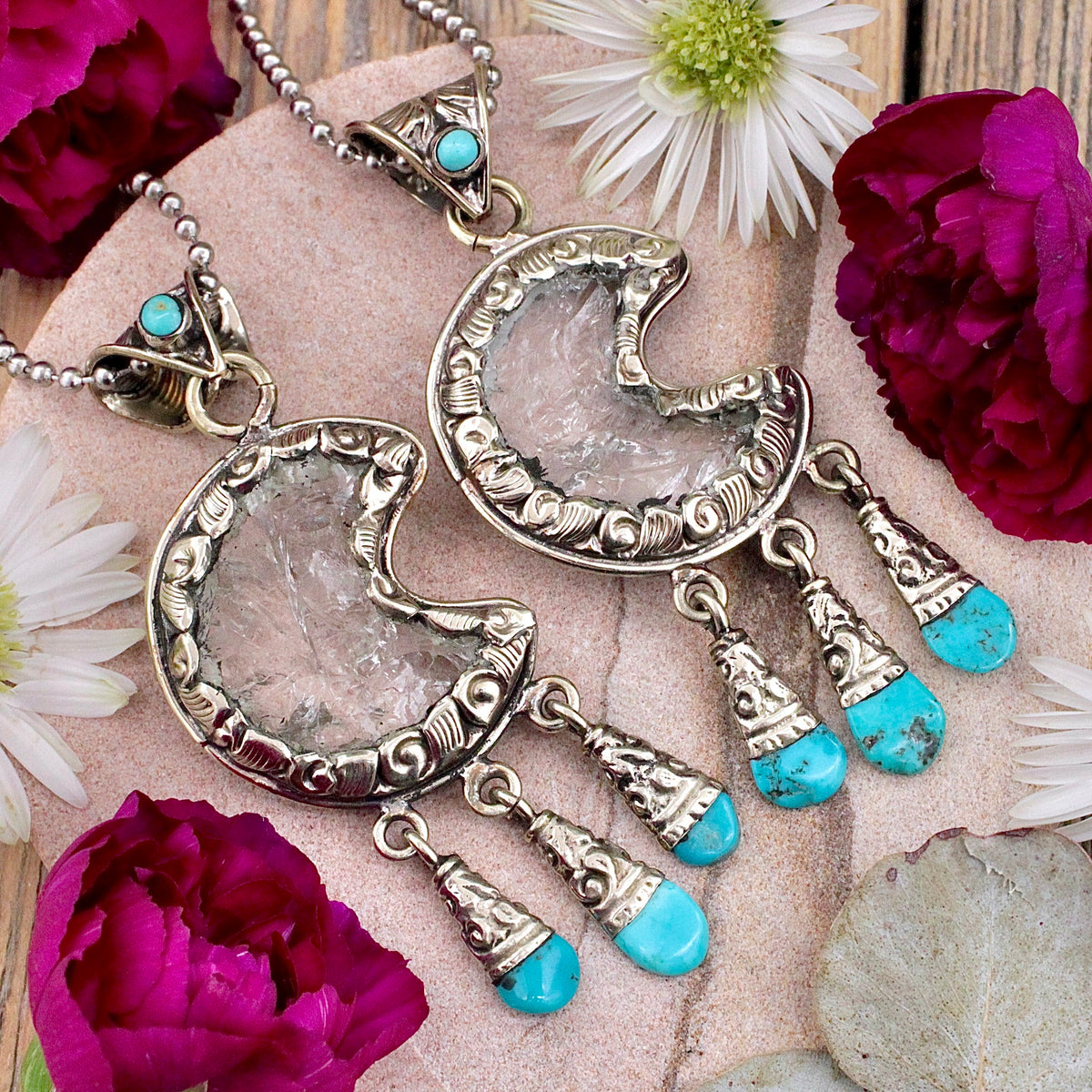 Quartz and Turquoise Crescent Moon Pendant