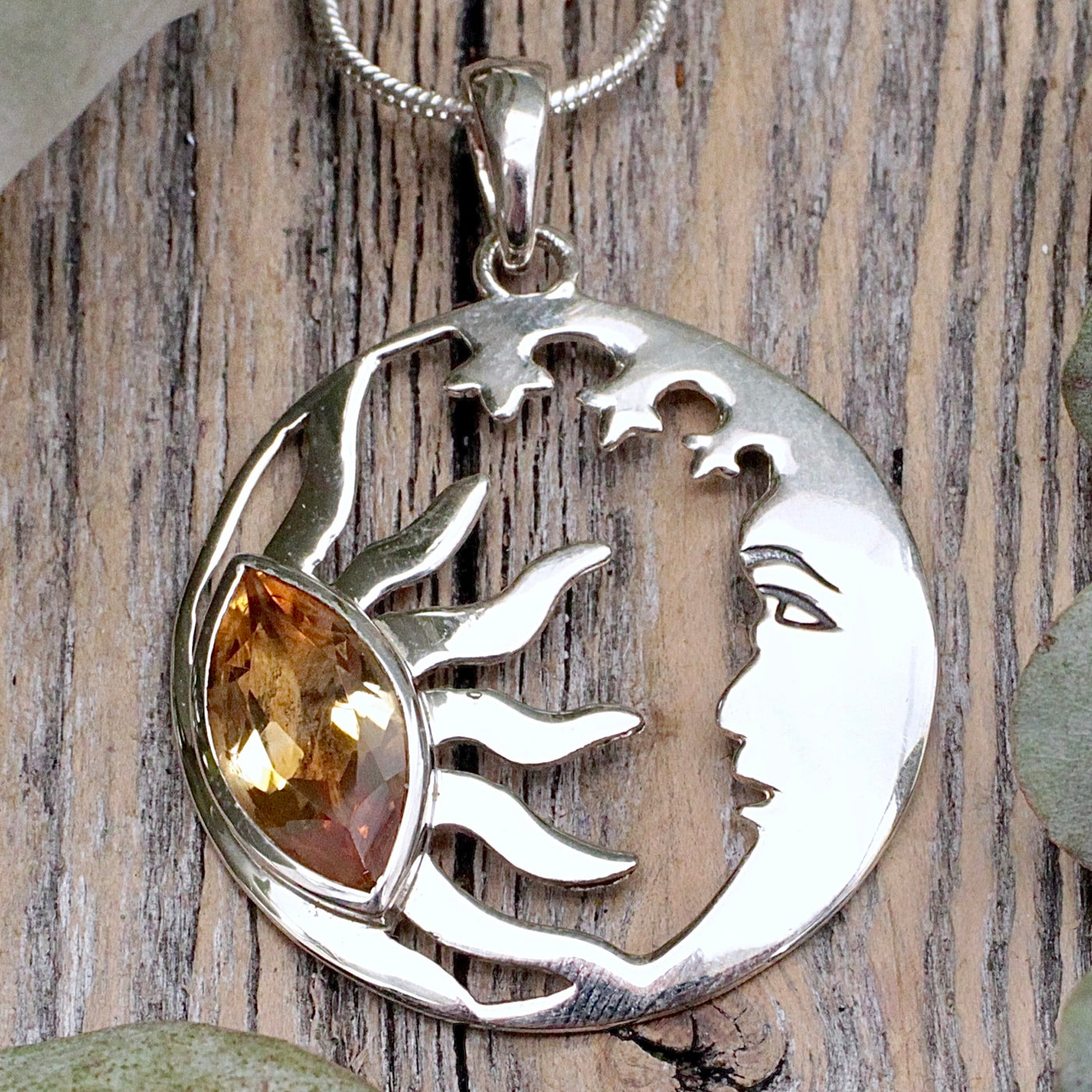 Citrine Sun and Moon Pendant - Sterling Silver