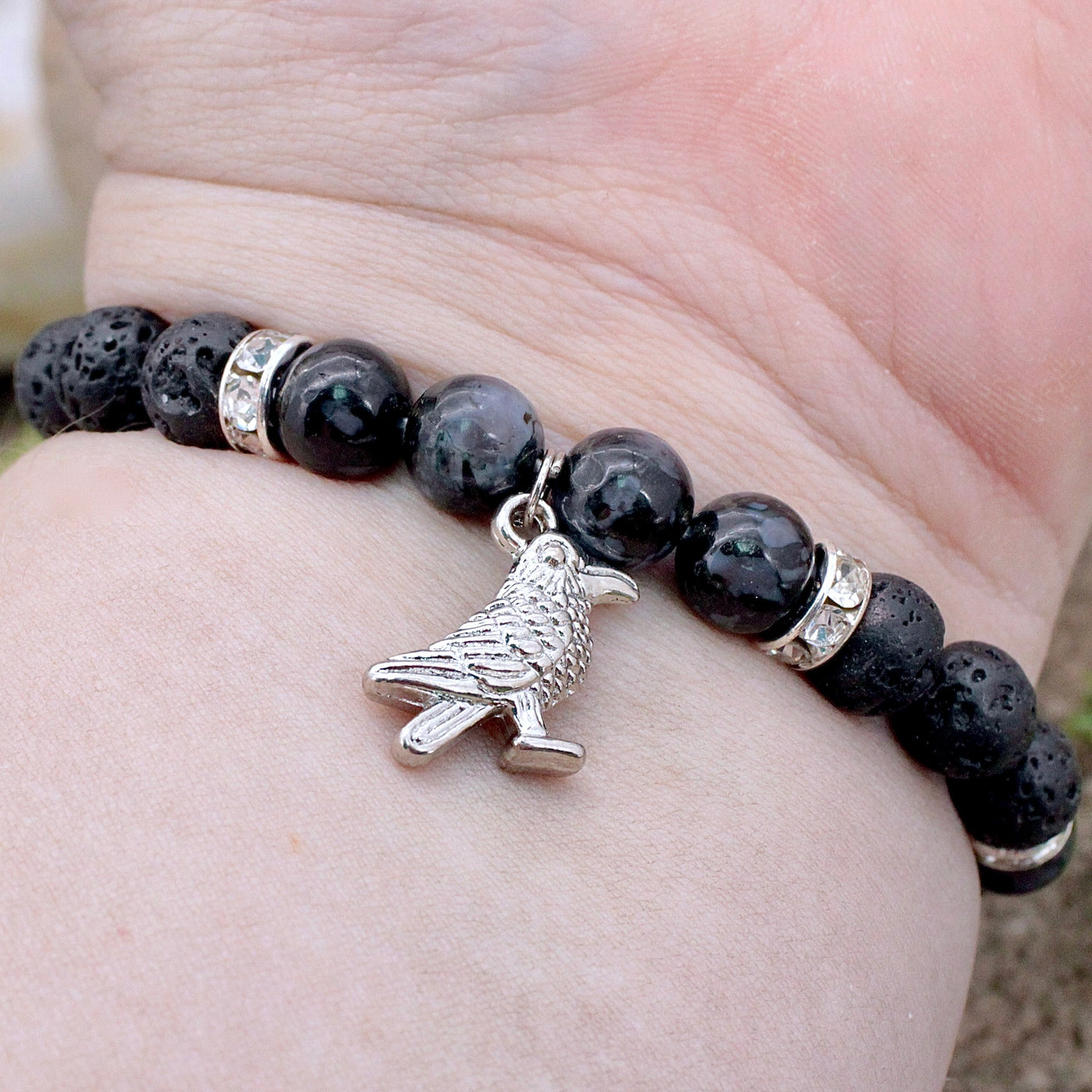 Indigo Gabbro and Lava Stone Bracelet with Raven Charm