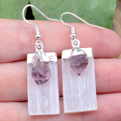 Selenite with Amethyst Earrings in Sterling Silver