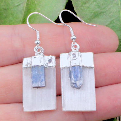 Selenite with Kyanite Earrings in Sterling Silver