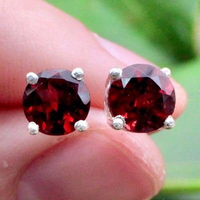 Garnet Stud Earrings Pronged in Sterling Silver