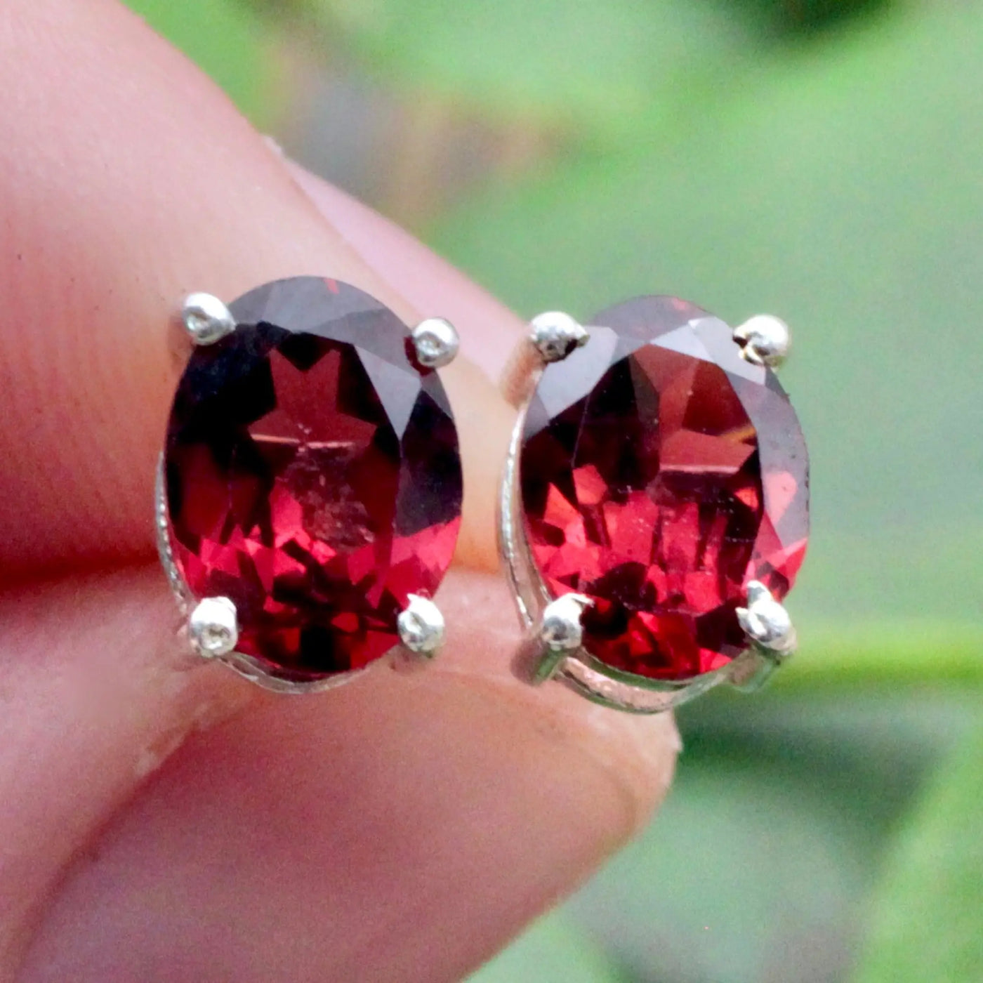 Garnet Stud Earrings Pronged in Sterling Silver