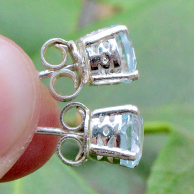 Blue Topaz Stud Earrings Pronged in Sterling Silver