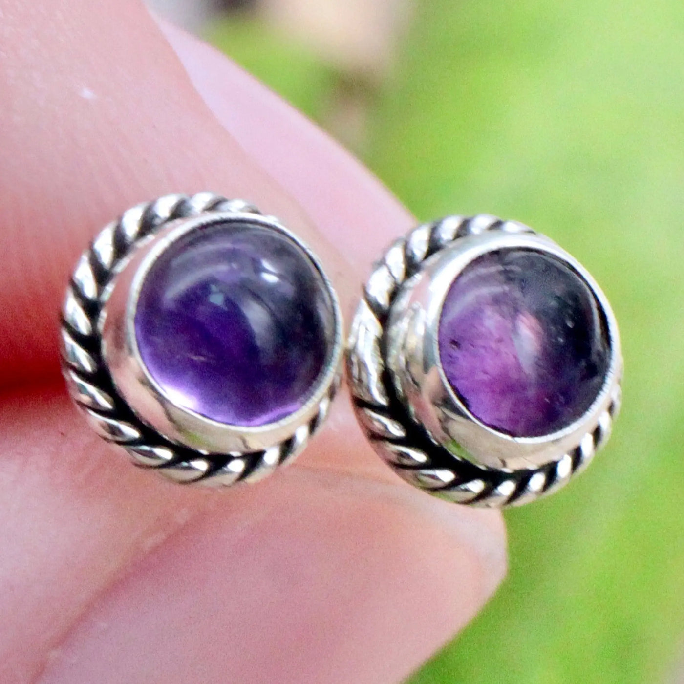 Amethyst Stud Earrings with Silverwork in Sterling Silver