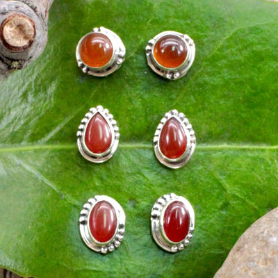 Carnelian Stud Earrings with Silverwork in Sterling Silver