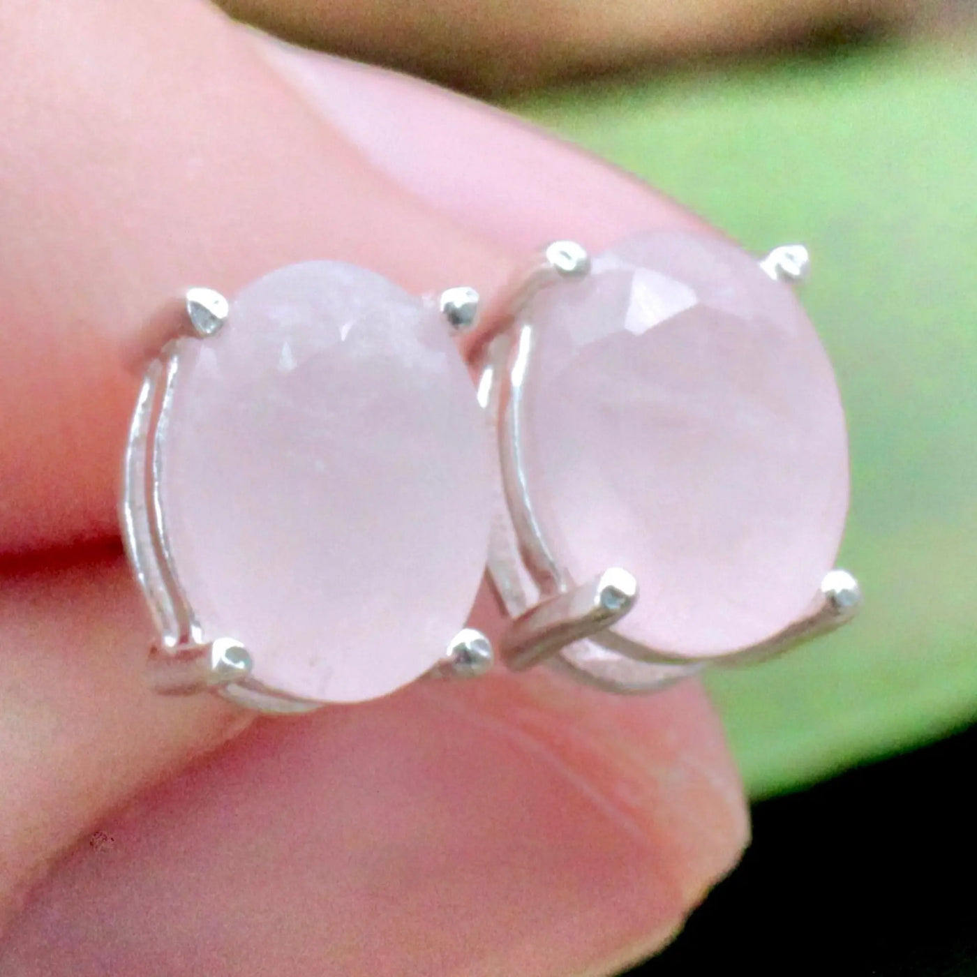 Rose Quartz Stud Earrings - Sterling Silver - Prong Set