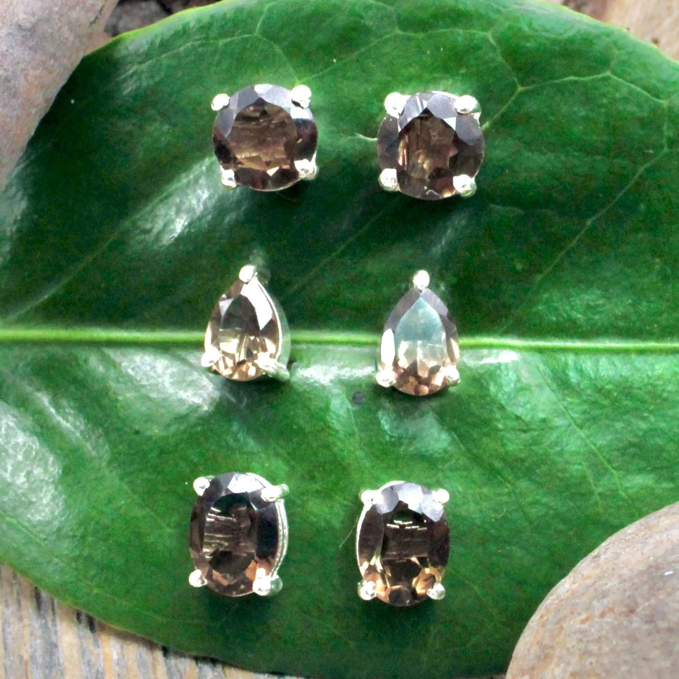 Smoky Quartz Stud Earrings Pronged in Sterling Silver