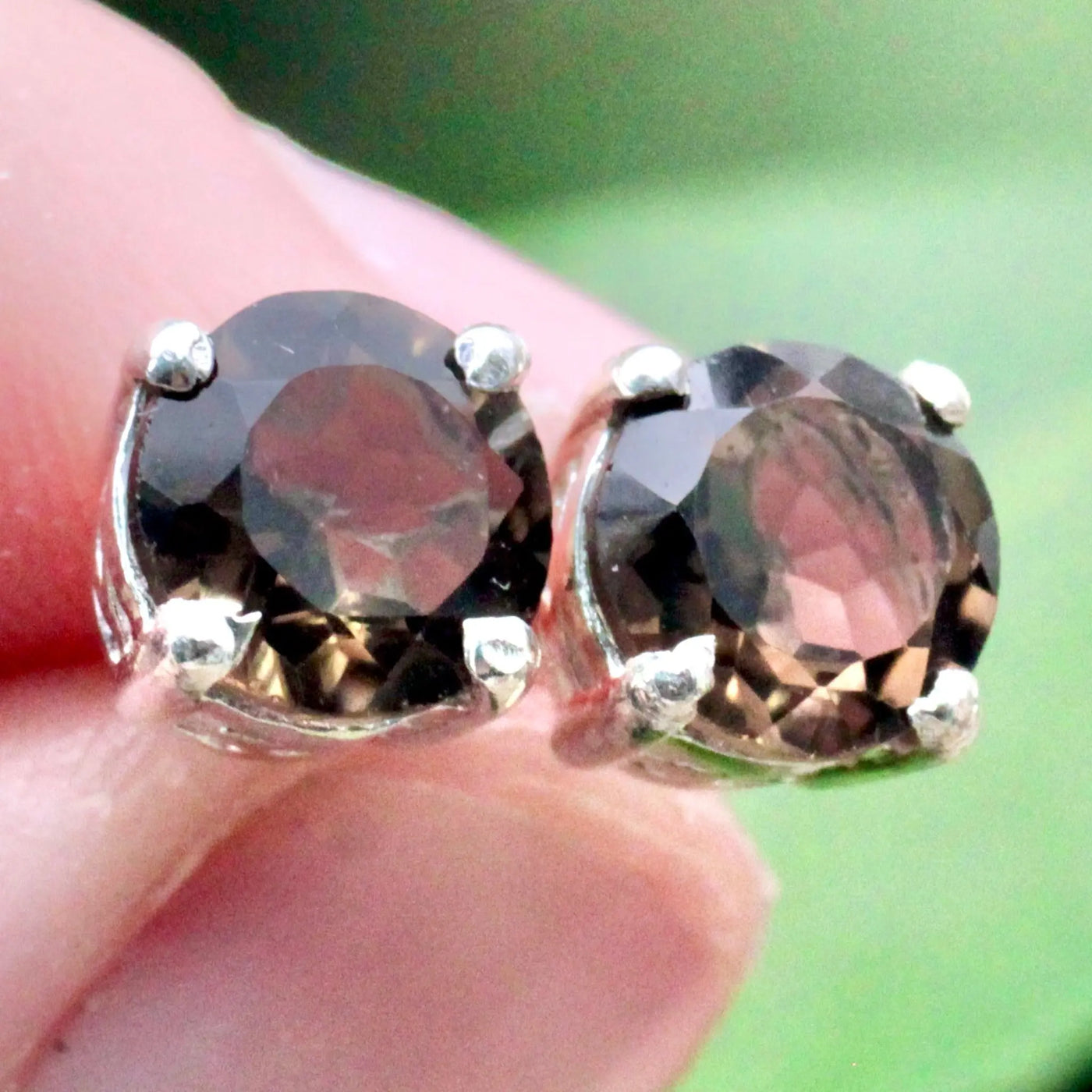 Smoky Quartz Stud Earrings Pronged in Sterling Silver