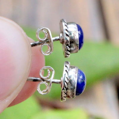 Lapis Lazuli Stud Earrings with Silverwork in Sterling Silver