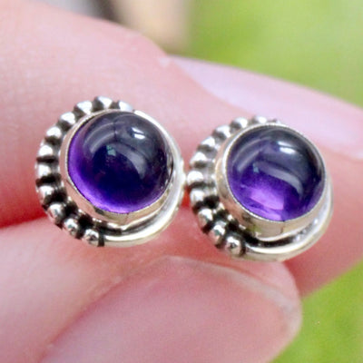 Amethyst Stud Earrings with Silverwork in Sterling Silver