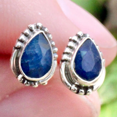 Sapphire Stud Earrings with Silverwork in Sterling Silver