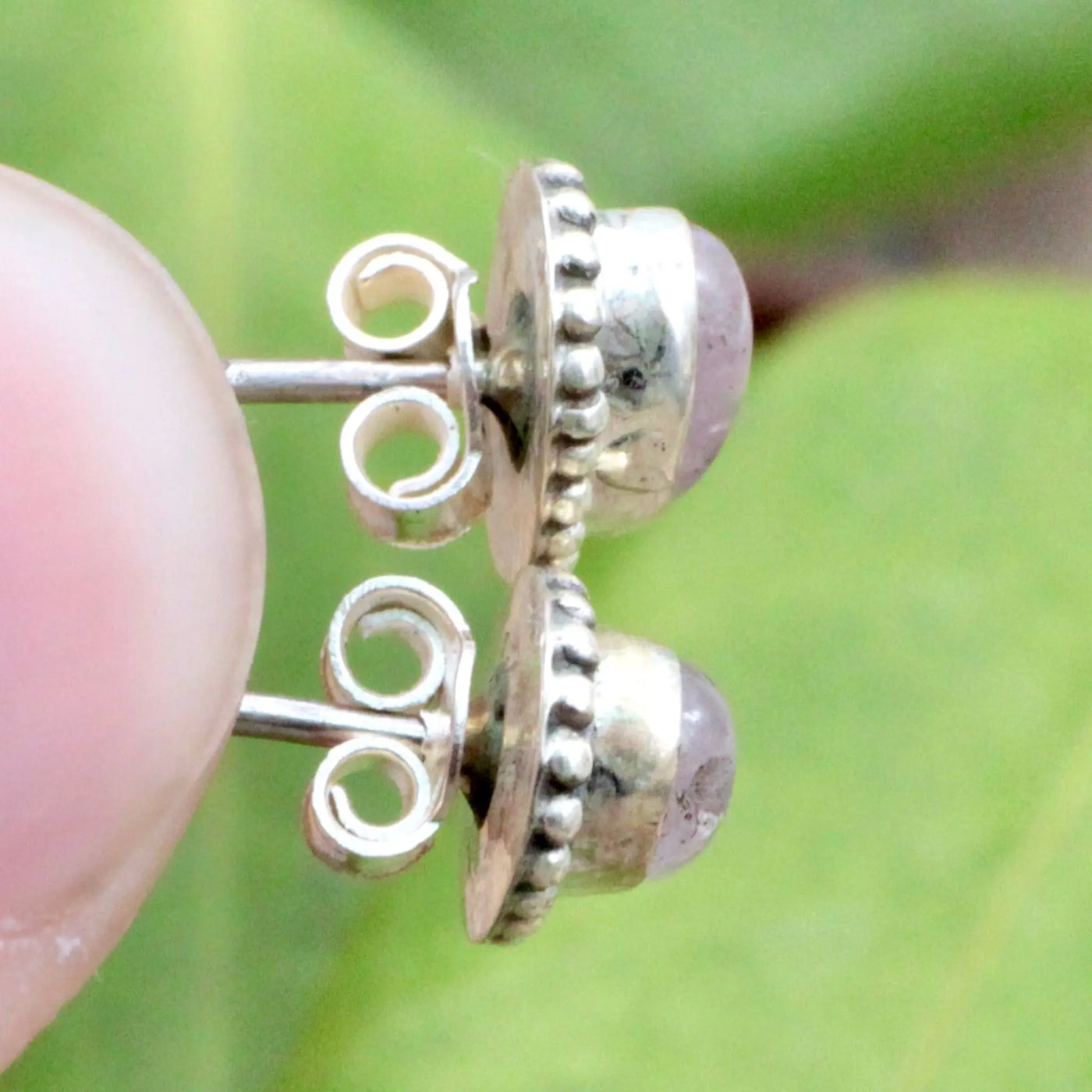 Rose Quartz Stud Earrings with Silverwork in Sterling Silver