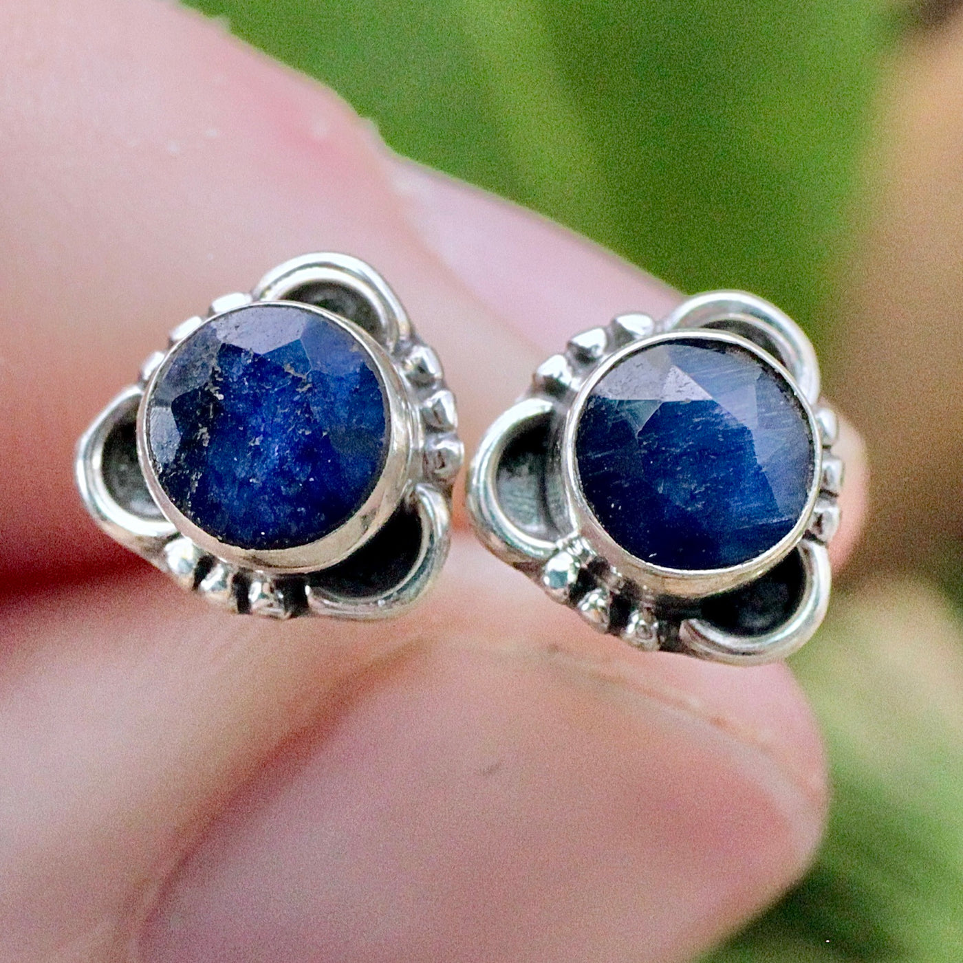 Sapphire Round Stud Earrings - Faceted - Sterling Silver