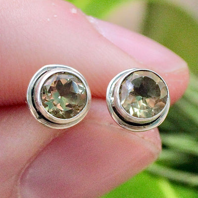 Citrine Round Stud Earrings - Faceted - Sterling Silver