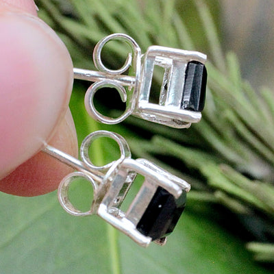 Onyx Princess Stud Earrings - Faceted - Sterling Silver