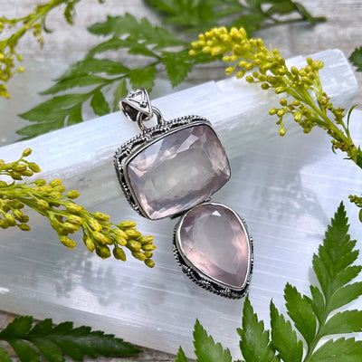 Fancy Double Rose Quartz Pendant - Sterling Silver