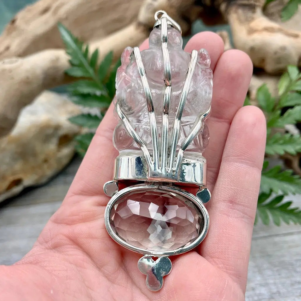 Huge Quartz Ganesha Pendant - Sterling Silver