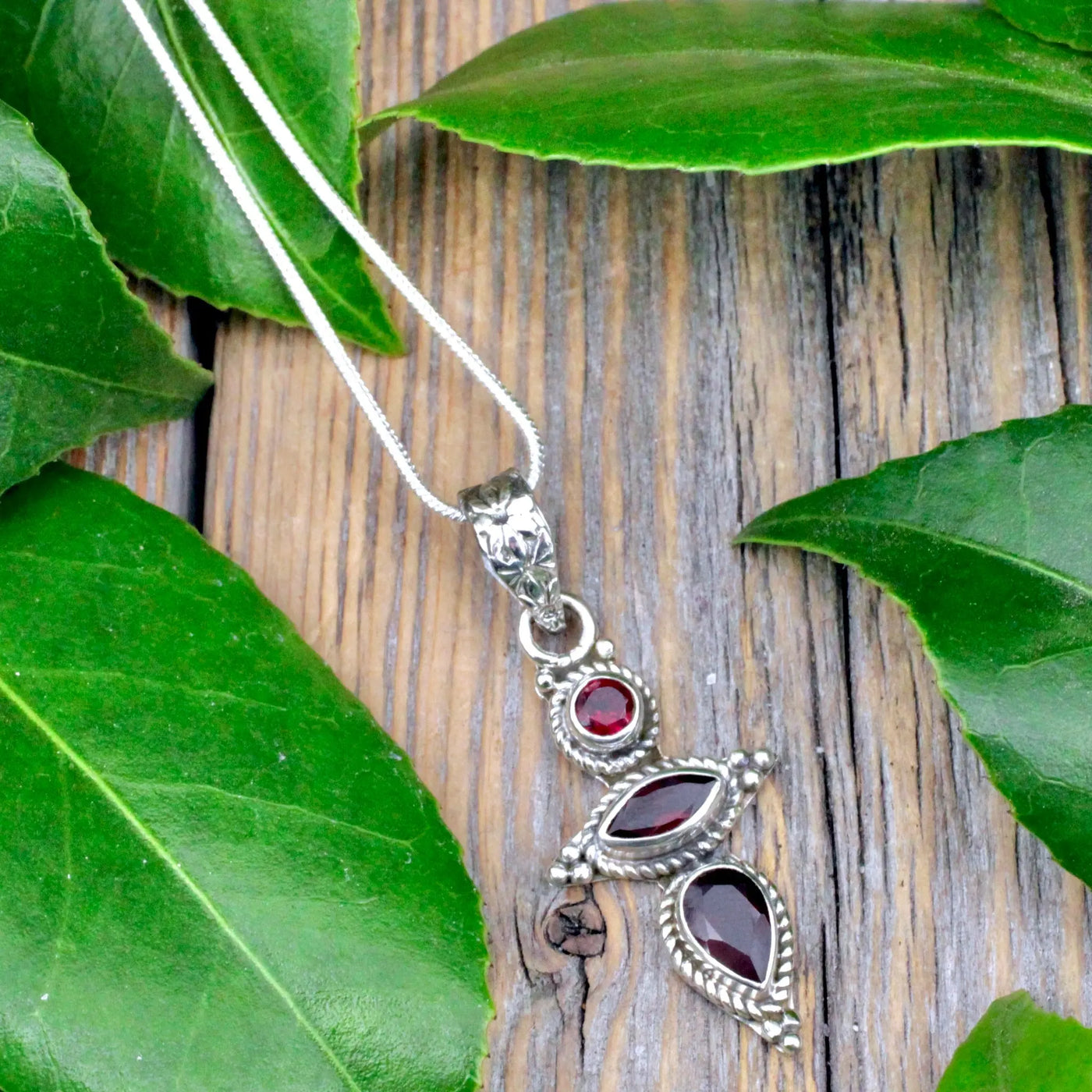 Garnet Triple Stone Pendant - Sterling Silver