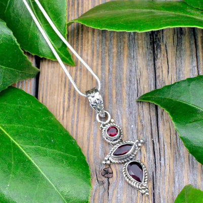 Garnet Triple Stone Pendant - Sterling Silver