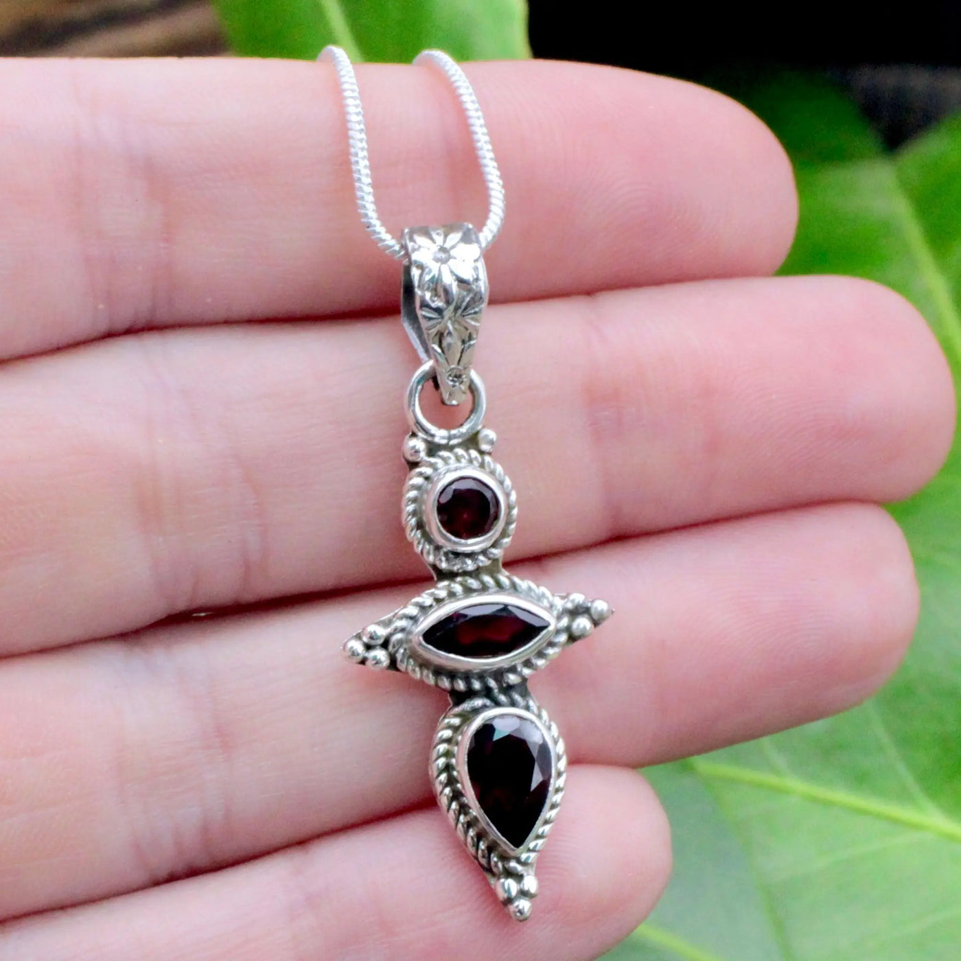 Garnet Triple Stone Pendant - Sterling Silver