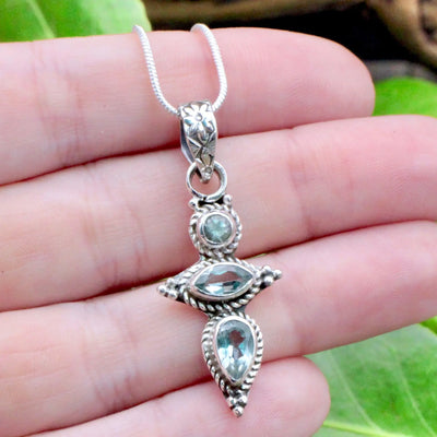 Blue Topaz Triple Stone Pendant - Sterling Silver