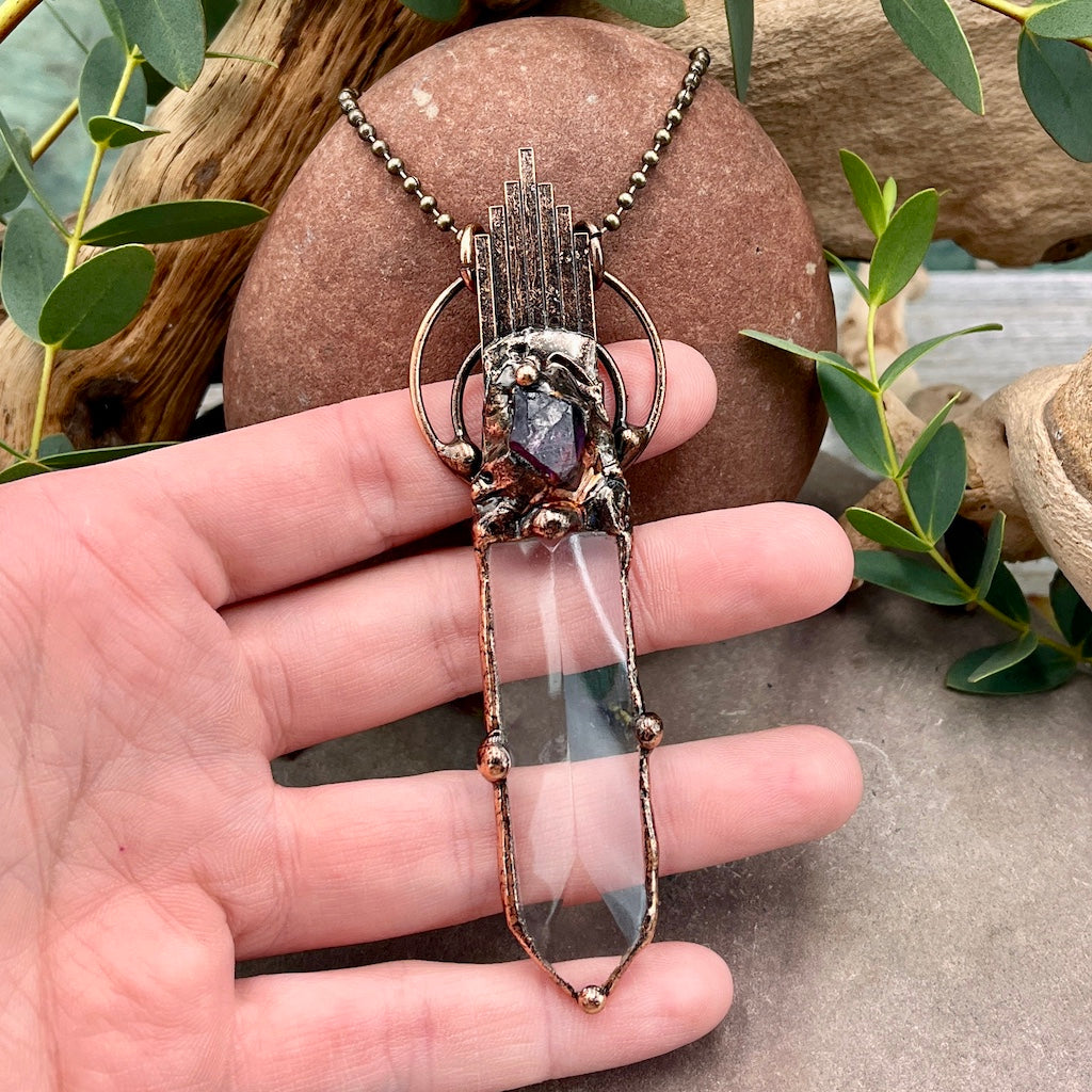 Long Bronze Blade Necklace with Amethyst