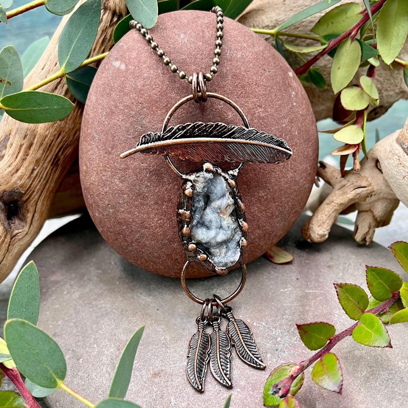 Chalcedony Druzy Feather Necklace - Bronze