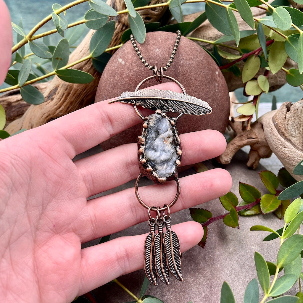 Chalcedony Druzy Feather Necklace - Bronze