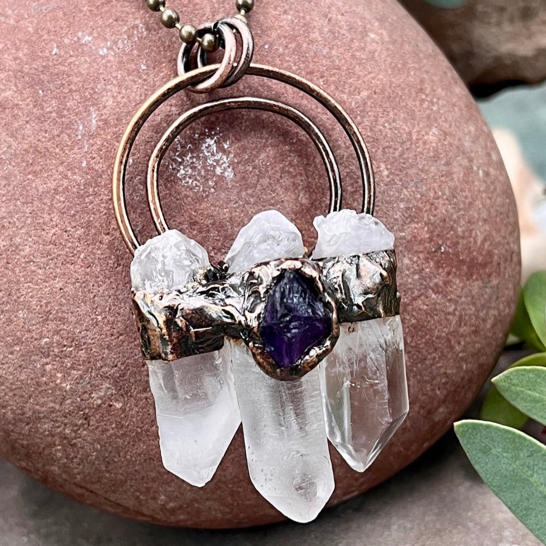 Triple Quartz Point Necklace with Amethyst