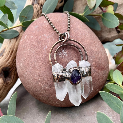 Triple Quartz Point Necklace with Amethyst