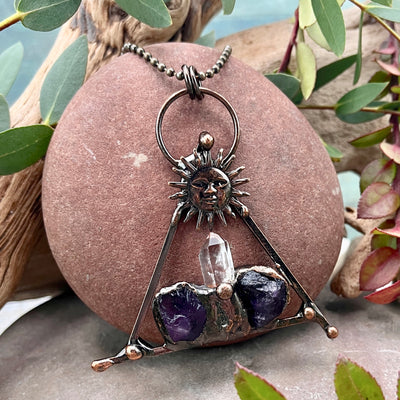 Triangle Sun Necklace with Amethyst & Quartz