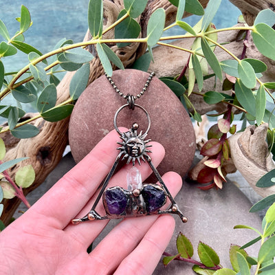 Triangle Sun Necklace With Amethyst and Quartz