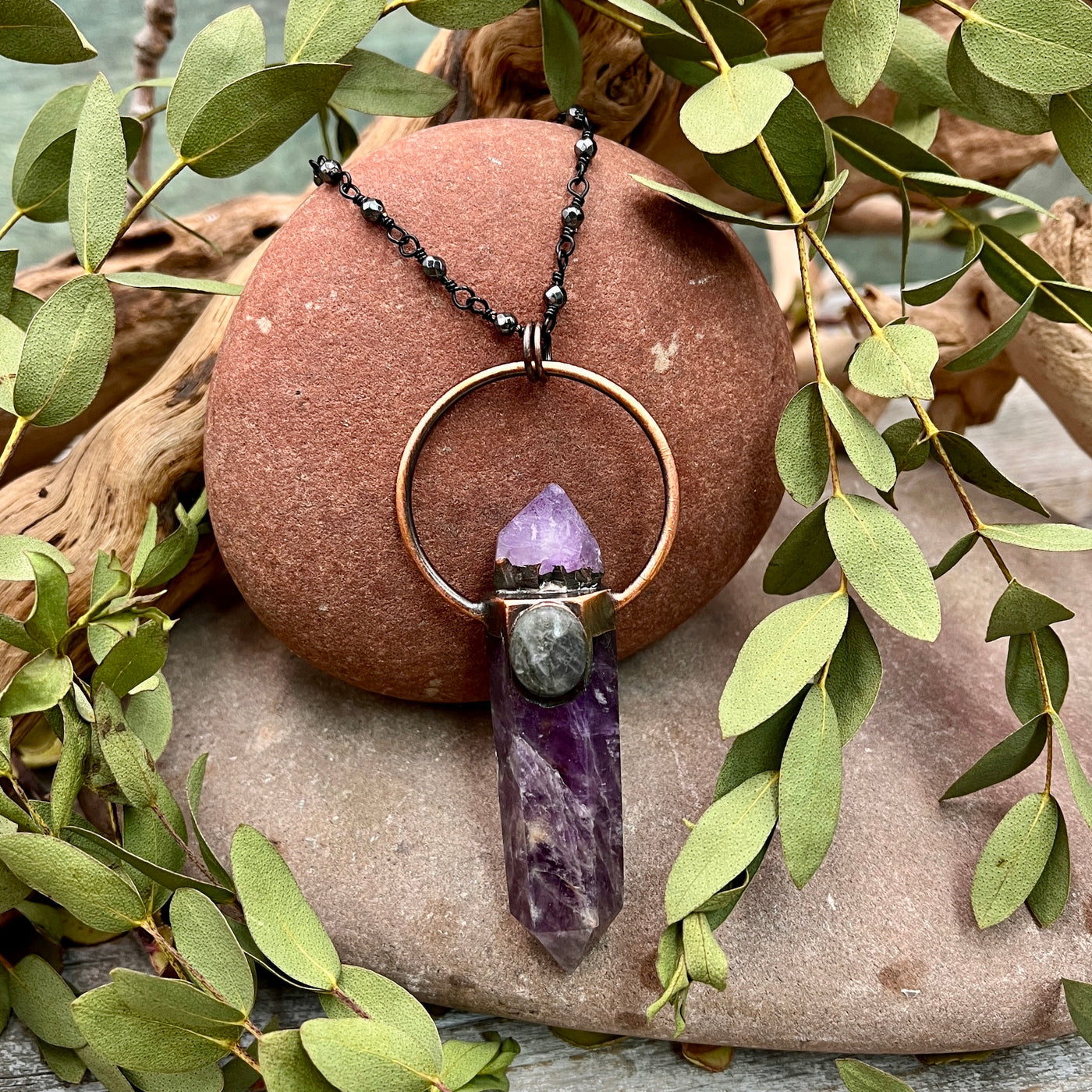Amethyst Point Necklace with Labradorite - Mixed Metals