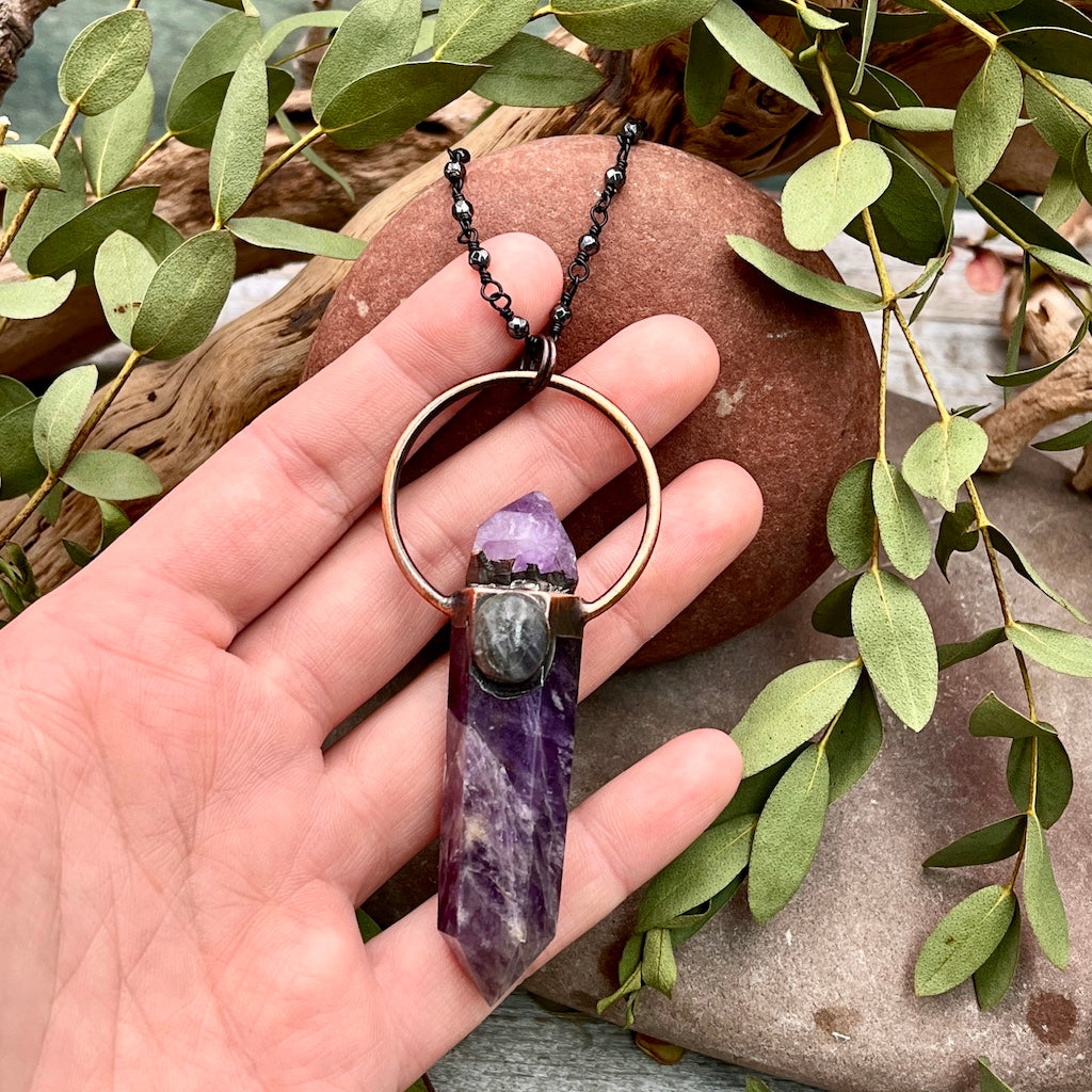 Amethyst Point Necklace with Labradorite - Mixed Metals