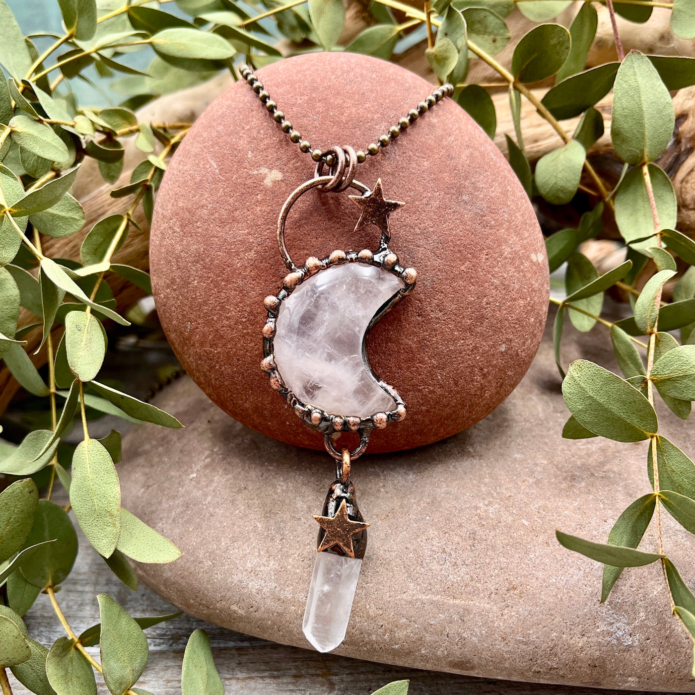 Quartz Moon Necklace with Quartz Drop