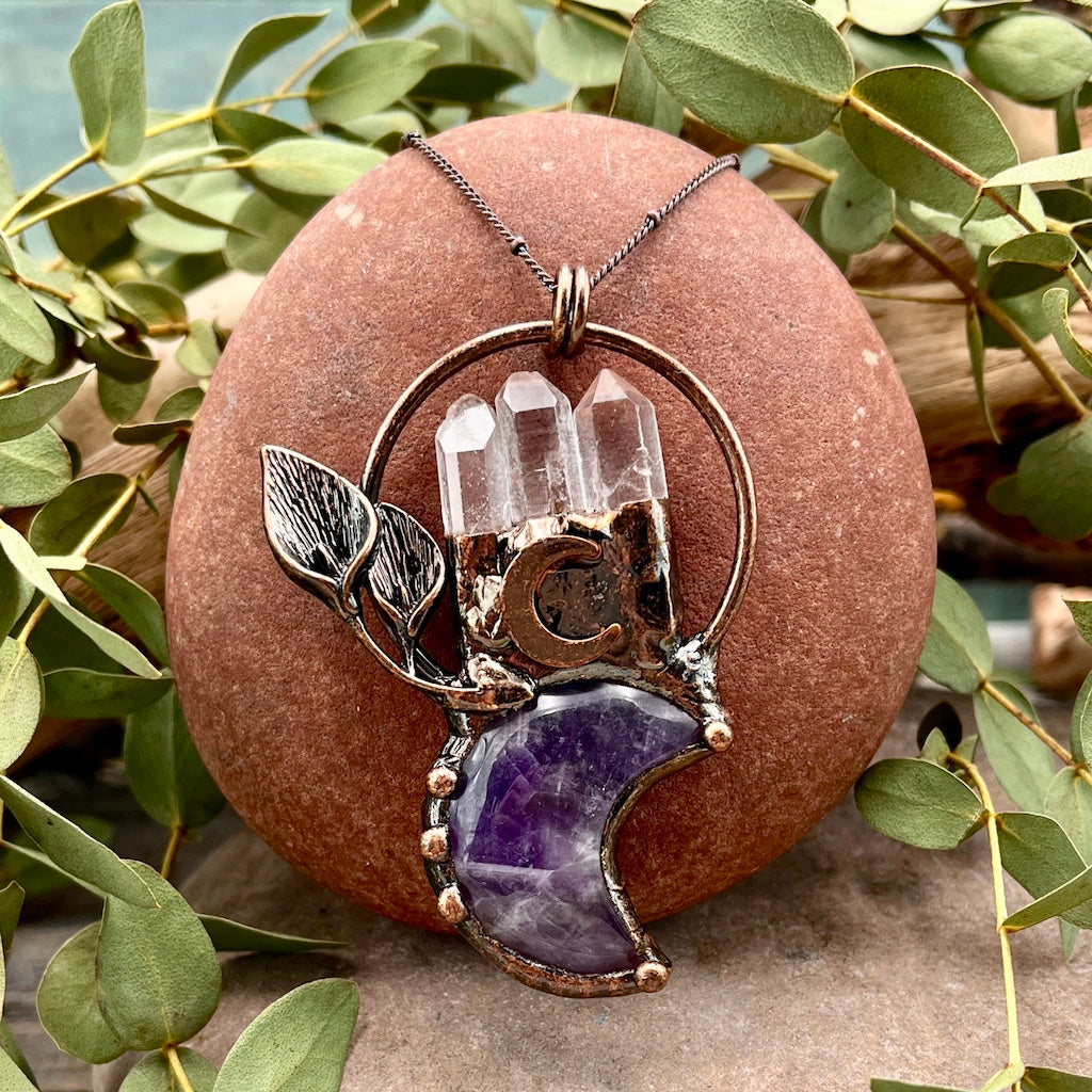 Amethyst Moon Flower Necklace with Quartz Points