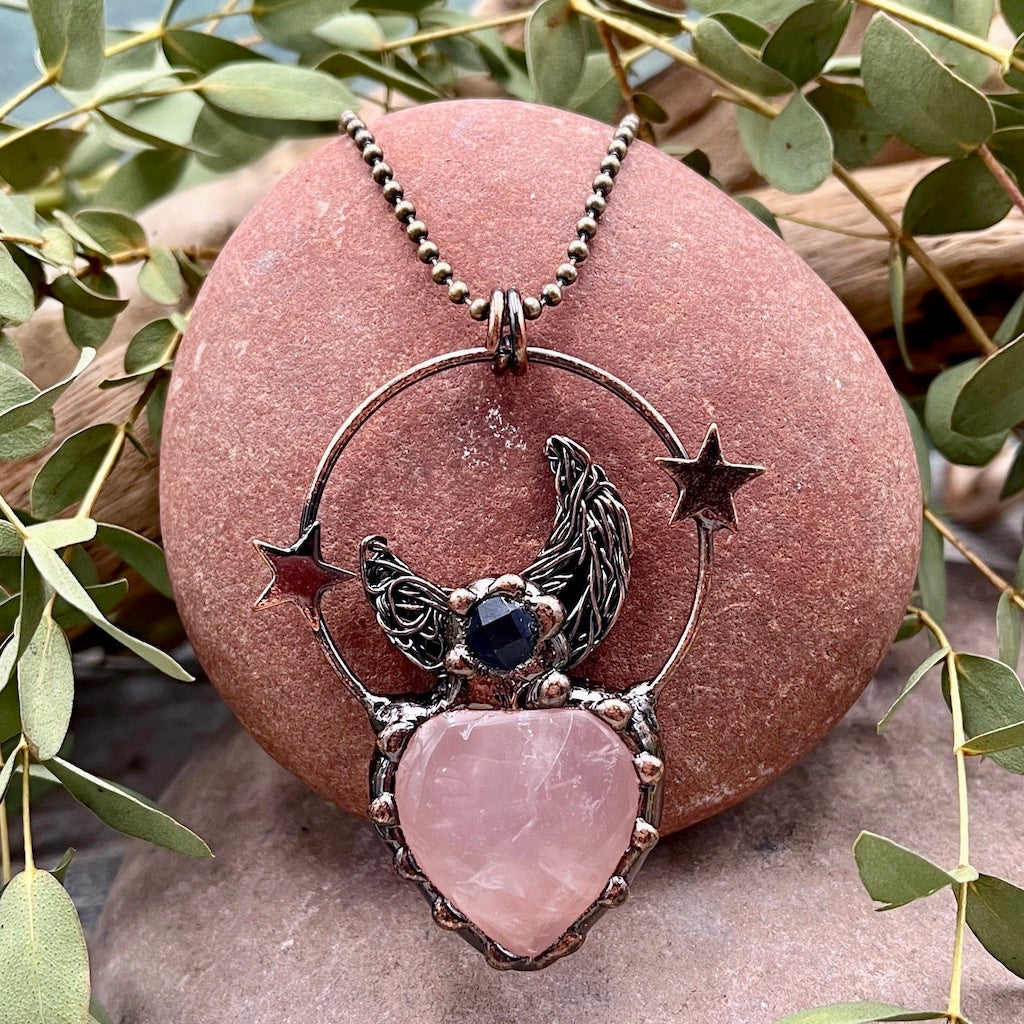 Rose Quartz Heart Moon & Stars Necklace - Bronze