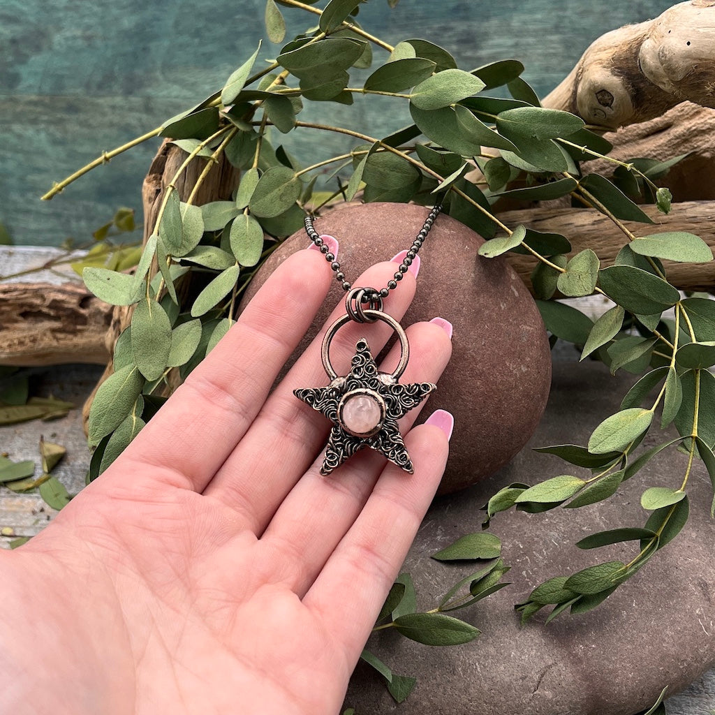 Rose Quartz Star Necklace - Bronze