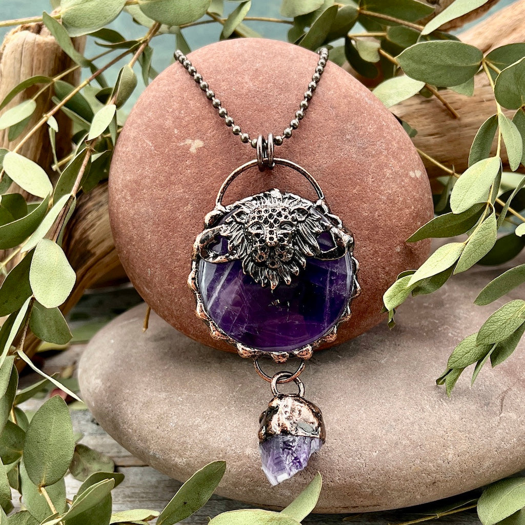 Amethyst Lion Necklace with Amethyst Drop