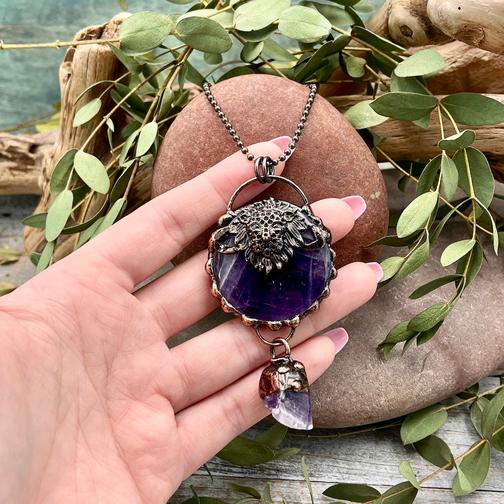 Amethyst Lion Necklace with Amethyst Drop